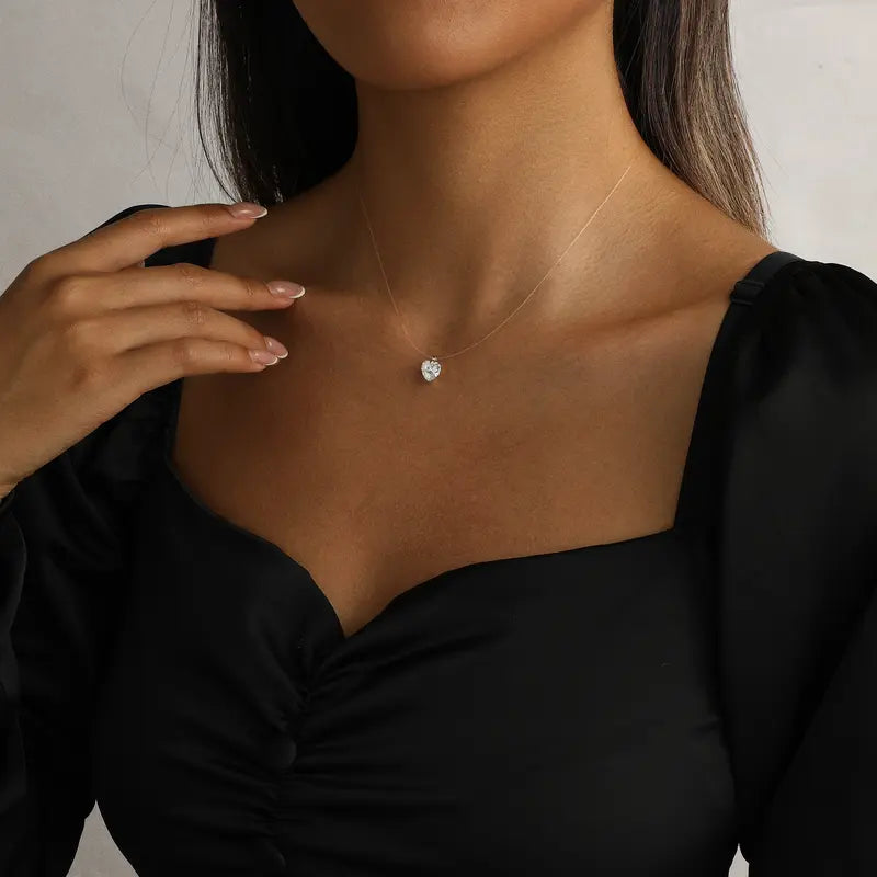 Tasiso Women's Sparkling CZ Pendant Necklace - 39cm Transparent Cord, Adjustable Minimalist Choker, Office Attire Everyday Layering Necklaces, Gifts for Women