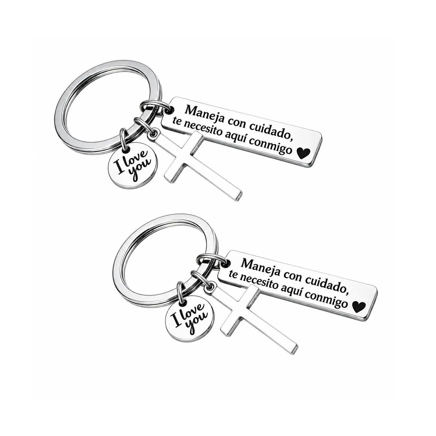 Maneja Con Cuidado Te Necesito Aquí Conmigo Keychain with Cross & "I Love You" Charm, Spanish Drive Safe Stainless Steel Keyring, Romantic Religious Gift for Him/Her Adjustable Heart Rate Couples Bracelet Set Rotating Retractable Reading Badge Holder