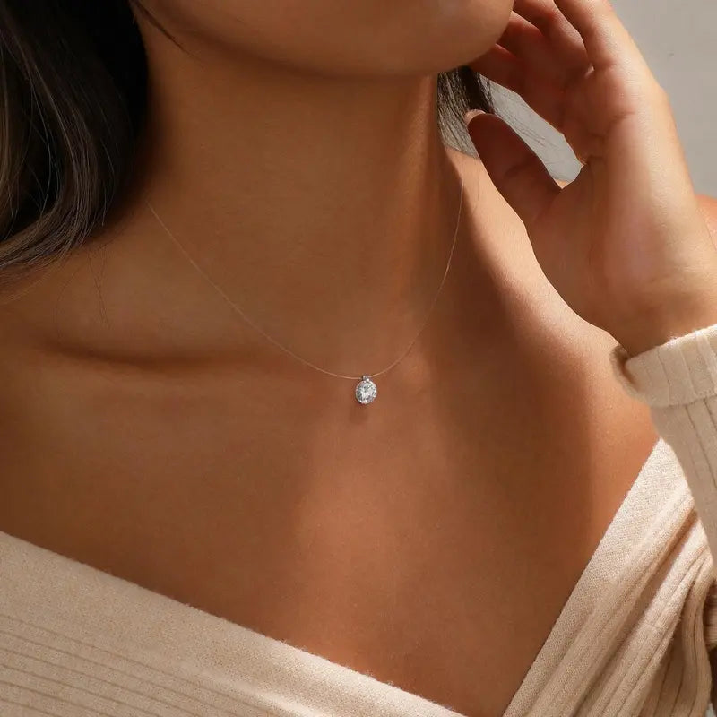 Tasiso Women's Sparkling CZ Pendant Necklace - 39cm Transparent Cord, Adjustable Minimalist Choker, Office Attire Everyday Layering Necklaces, Gifts for Women