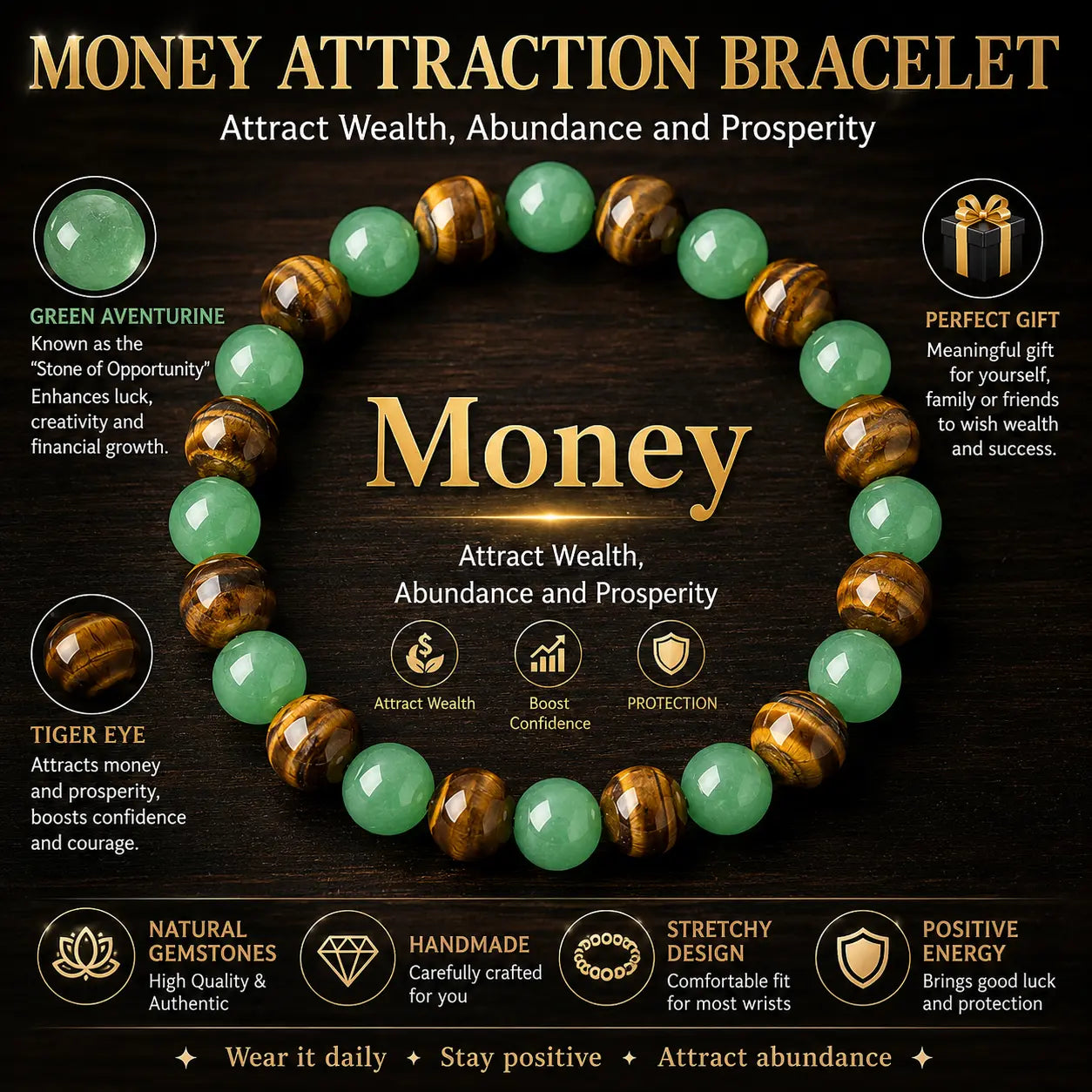 1pc Arpurraina Money Attraction Bracelet with Green Aventurine & Tiger Eye beaded jewelry protection bracelet encouragement gift fashion artificial bracelet of the day Colorblock Beaded Crystal Bracelet ,Manifestation, Wealth Amulet, Good Fortune,