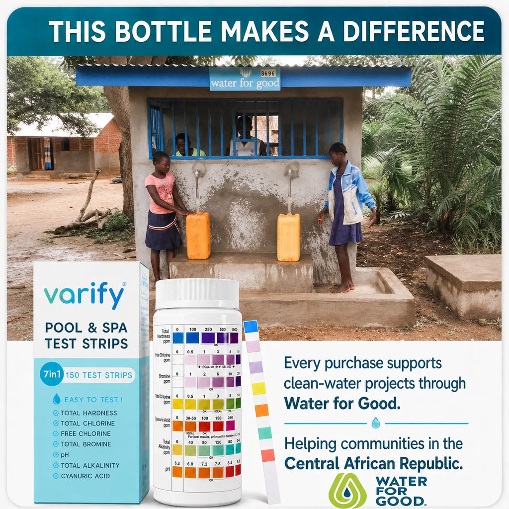 VARIFY 7-in-1 Multi-Parameter Pool & Spa Water Testing Strips Kit - Outdoor Pools Maintenance, Under 30s Results, Double Seal, Freshseal Accuracy Preservation, pH+Alk Check, Hardness, Chlorine, Bromine, Cyanuric Acid (150 Strips)