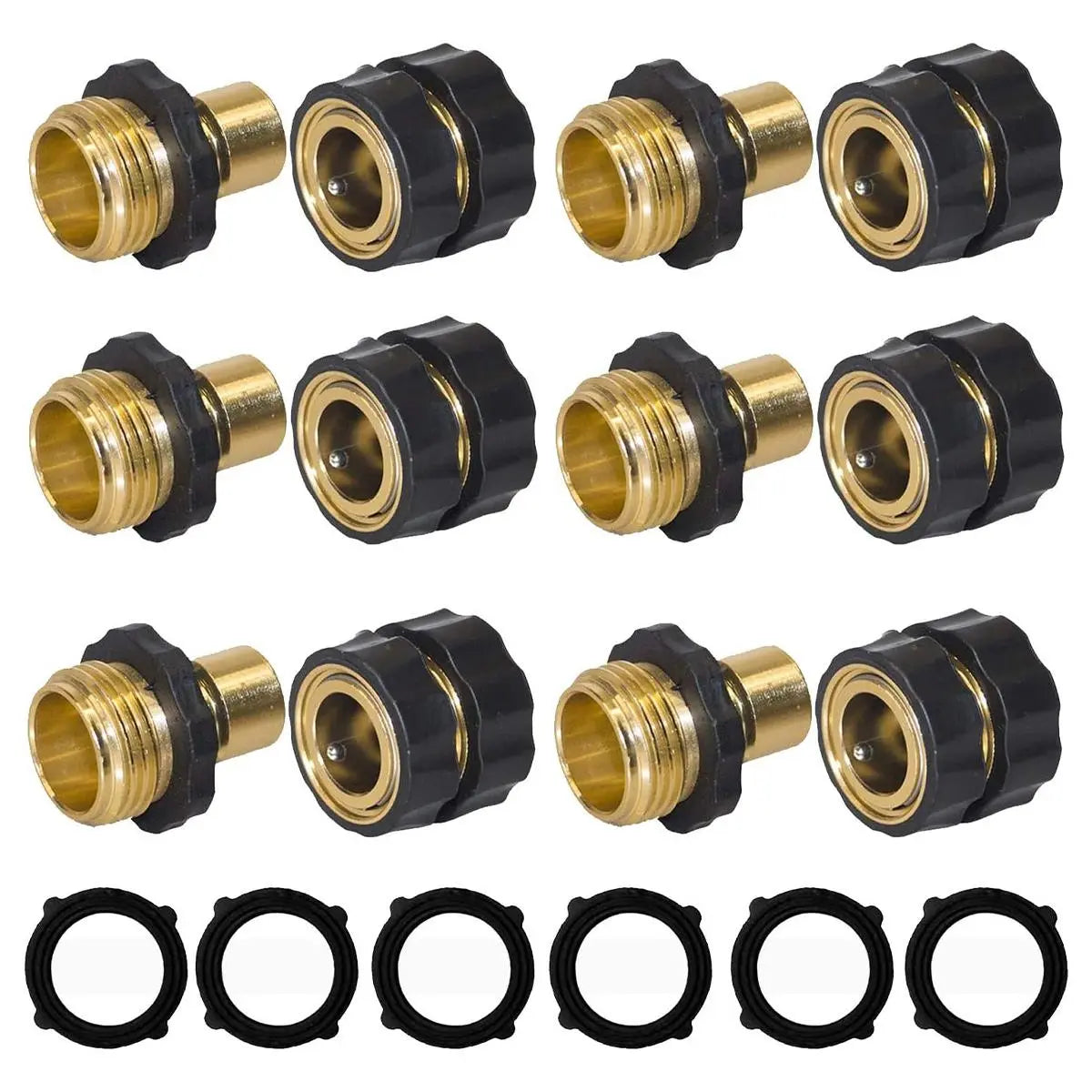 6PCS Aluminum Garden Water Connectors Set Pack, Leak-Proof Durable Fittings with Quick-Click Fit, 3/4" Size Male & Female Ends and Rubber Washers for Outdoor Watering & Irrigation