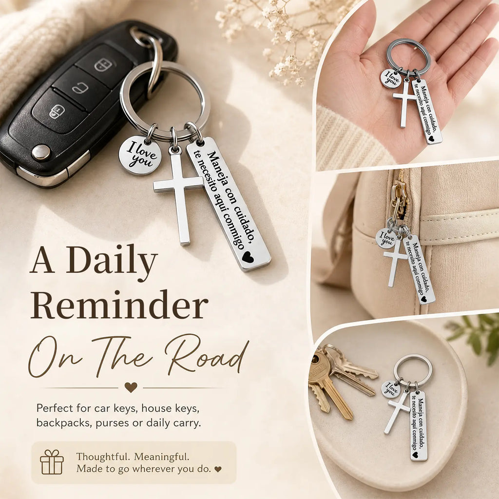 Maneja Con Cuidado Te Necesito Aquí Conmigo Keychain with Cross & "I Love You" Charm, Spanish Drive Safe Stainless Steel Keyring, Romantic Religious Gift for Him/Her Adjustable Heart Rate Couples Bracelet Set Rotating Retractable Reading Badge Holder