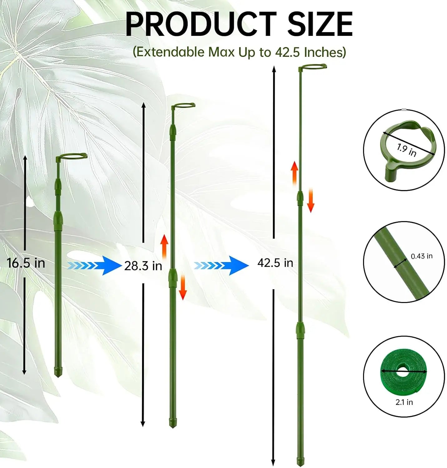 3-Pack Telescopic Plant Stakes with Clips, 16.5-42.5 Inches Adjustable Grow Plant Care & Support for Both Indoors/Outdoors, Aids Climbing Vines, Tomatoes, Orchids (Supports Growth)