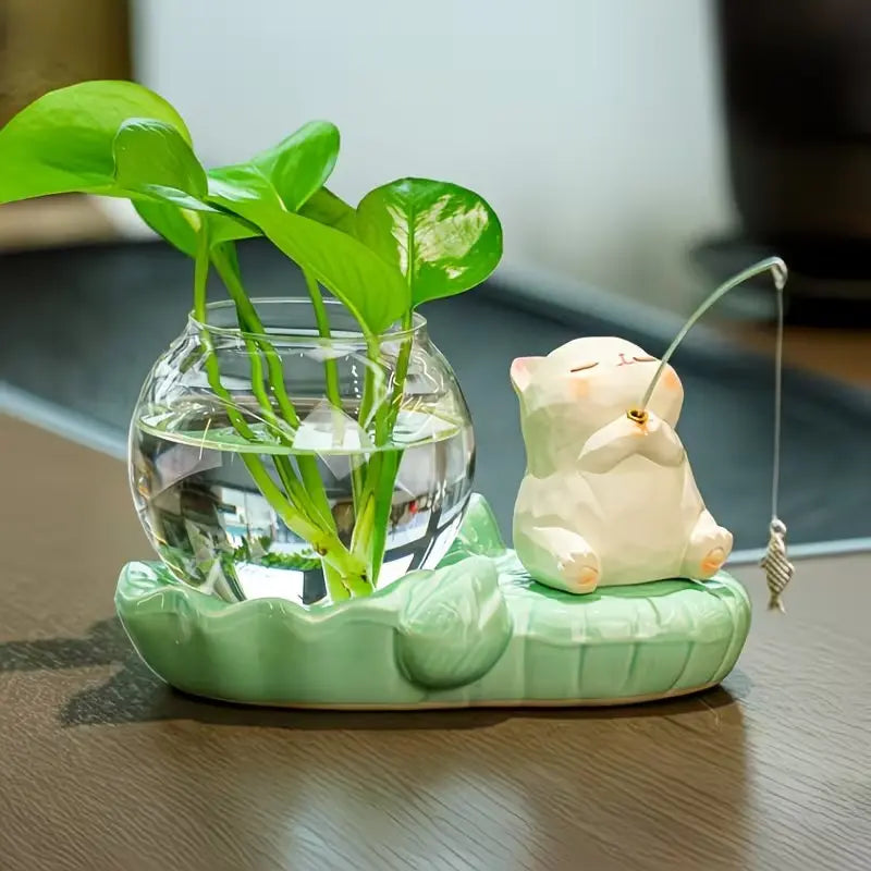 Cute Fish Pond Hydroponic Flower Pot, Ceramic Cat/Frog Shaped Decorative Item without Plants, Office Green Culture Vase, Lazy Hydroponic Planters Set, Planting Container, Desktop Healing Gift