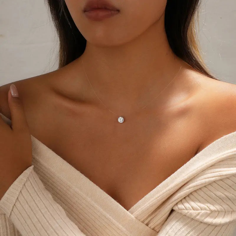 Tasiso Women's Sparkling CZ Pendant Necklace - 39cm Transparent Cord, Adjustable Minimalist Choker, Office Attire Everyday Layering Necklaces, Gifts for Women