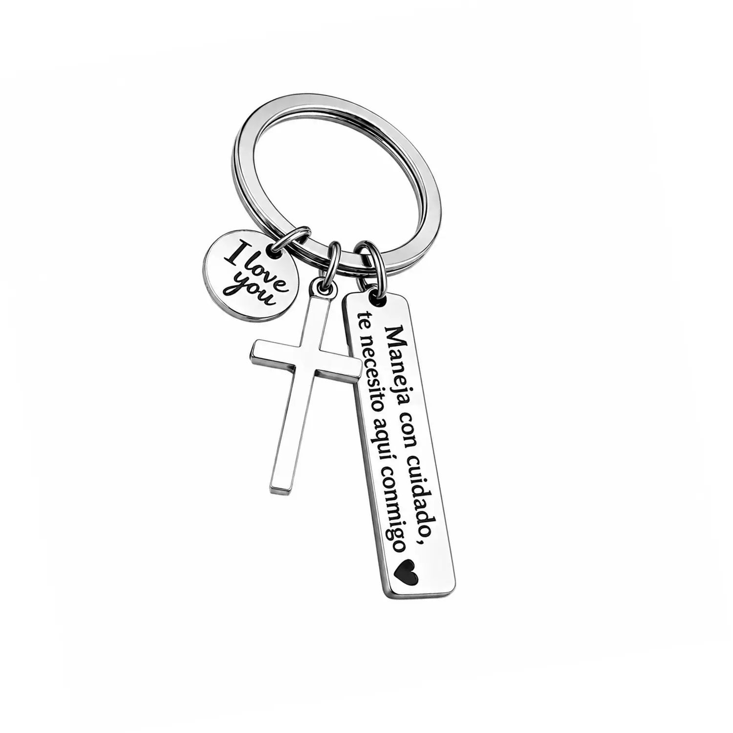 Maneja Con Cuidado Te Necesito Aquí Conmigo Keychain with Cross & "I Love You" Charm, Spanish Drive Safe Stainless Steel Keyring, Romantic Religious Gift for Him/Her Adjustable Heart Rate Couples Bracelet Set Rotating Retractable Reading Badge Holder