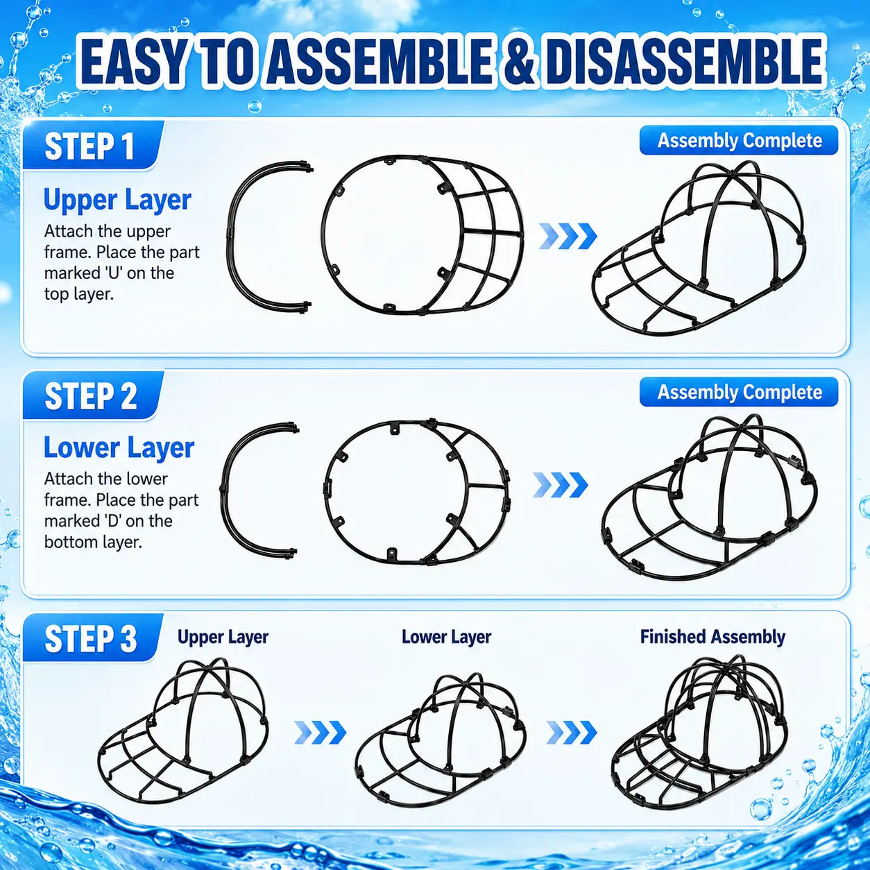 【Easy Assembly Required】PP Hat Washer Cage with Adjustable Shaper, 1 Pack (Free Gift-White Zipper Mesh Bag), Laundry Accessory for Adult Caps, Washer/Dishwasher Protection & Organizer, Home Supplies Christmas Gift Option Father's Day Gift, Back to School