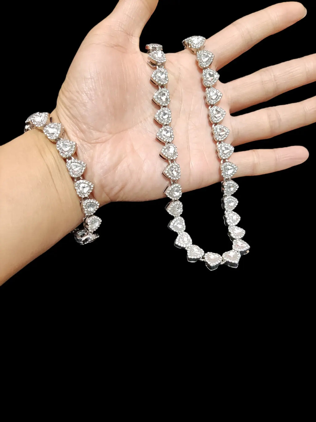 2Pieces/Set 10mm Love Heart Shape Chain Necklace and Bracelet Men or Women Hip Hop Iced Out Bling Bling Chain Necklace and Bracelet Fashion Set Jewelry Valentines Gift