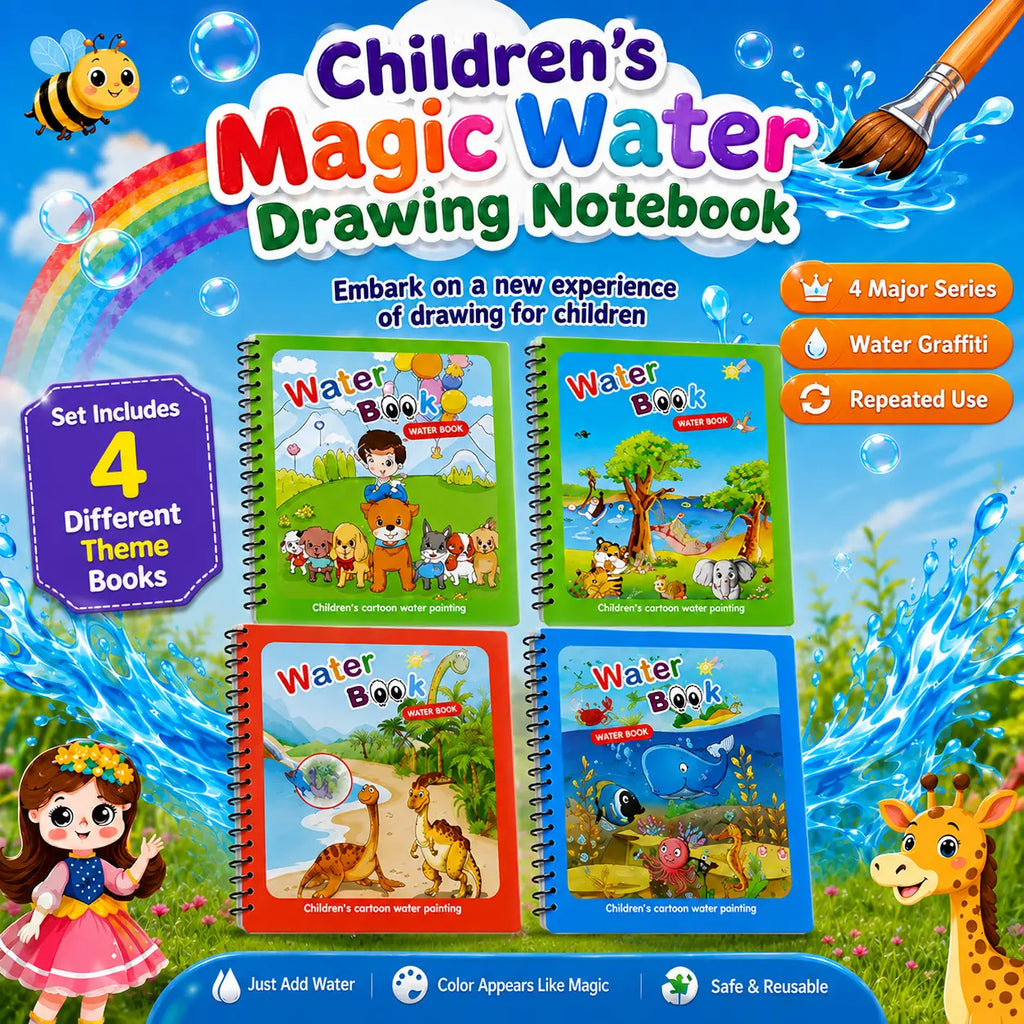 Kids Reusable Magic Water Coloring Book - 7.3in x 5.1in Spiral Notebook, Child-Friendly, Cartoon Color-Reveal Pages, Refillable Water Pens, Travel-Ready Book, Ages 2-6 Preschool Learning Kids Toy, Easter Cool Gifts, Party Favors, Toddler Birthday Presents